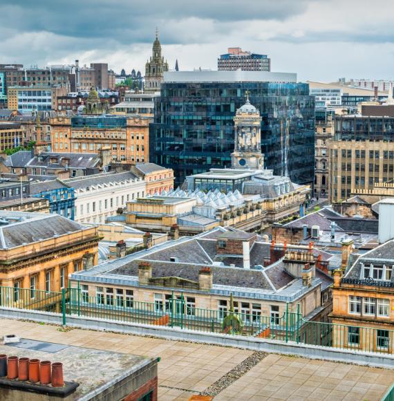 Skyline of downtown Glasgow, Scotland seen from above.