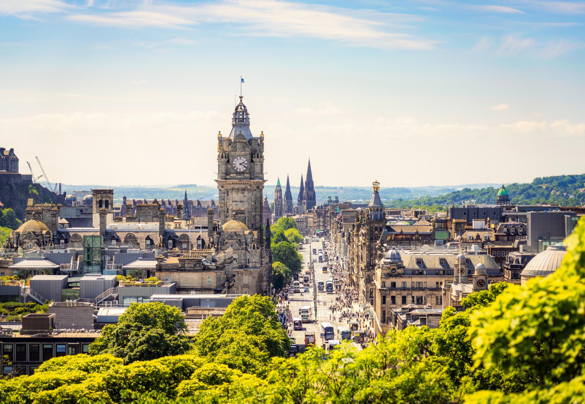 A high angle view over central Edinburgh, with Princes Street