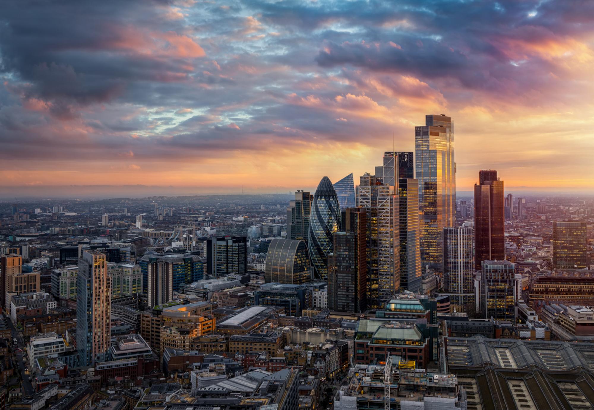 Sunset view of skyscrapers in London