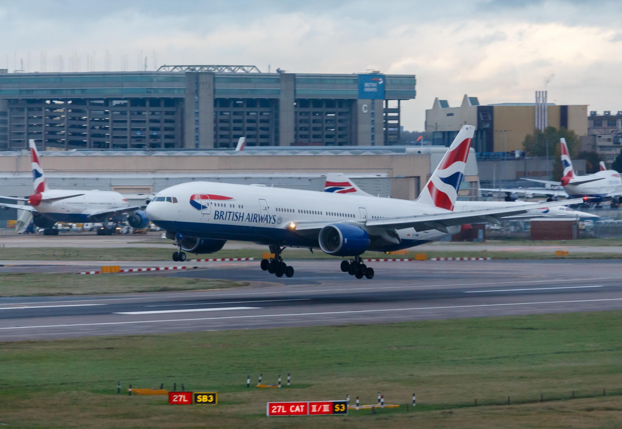 British Airways plane landing at Heathrow Airport