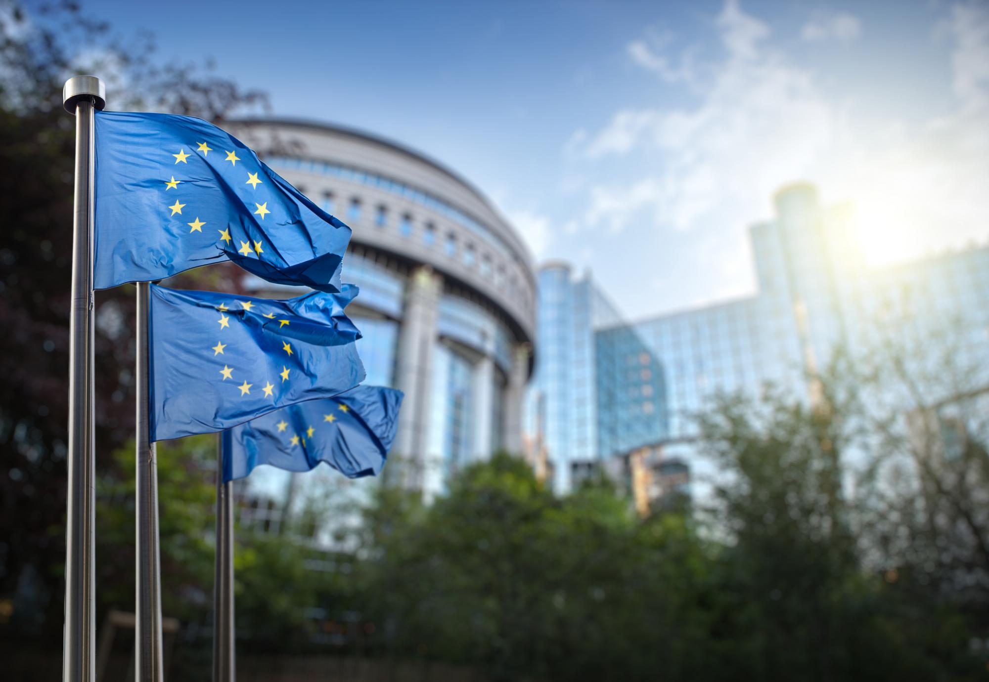 European union flag against parliament in Brussels