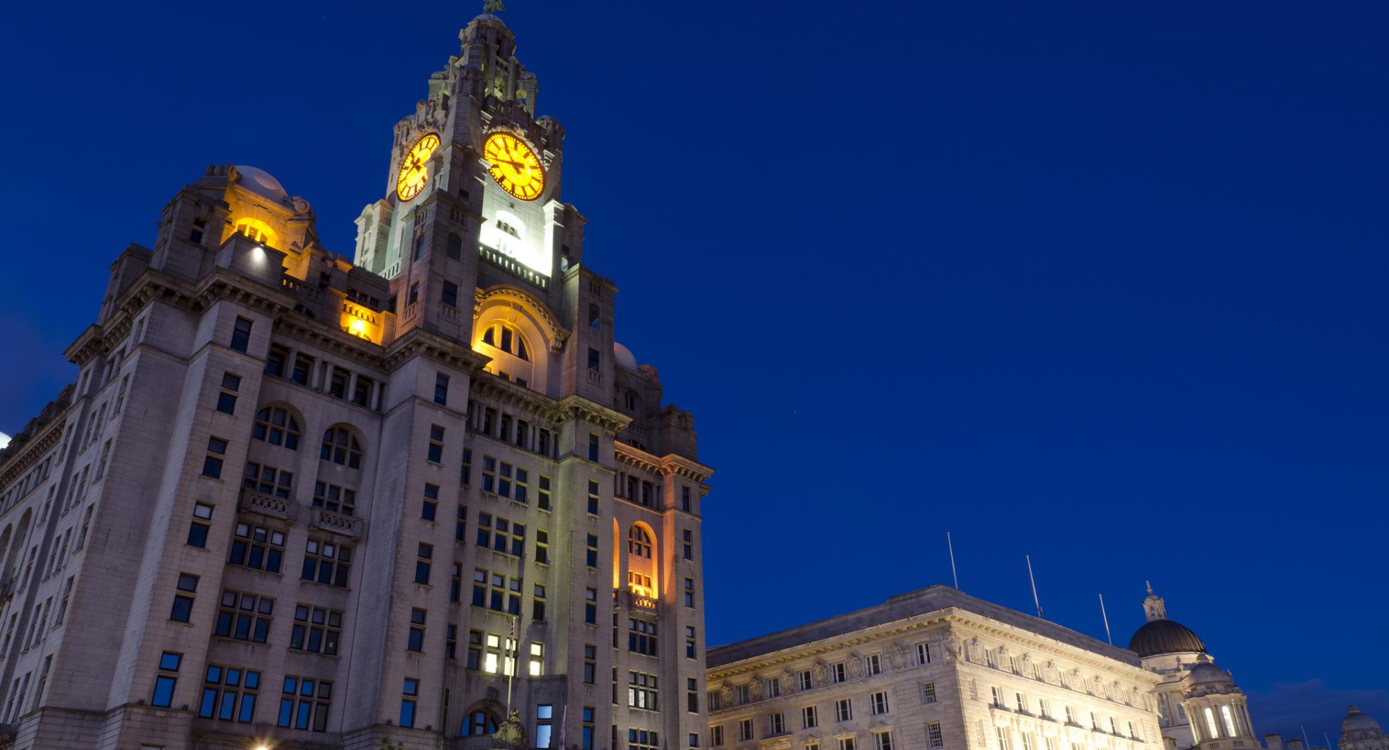 Royal Liver Building at night, Liverpool.