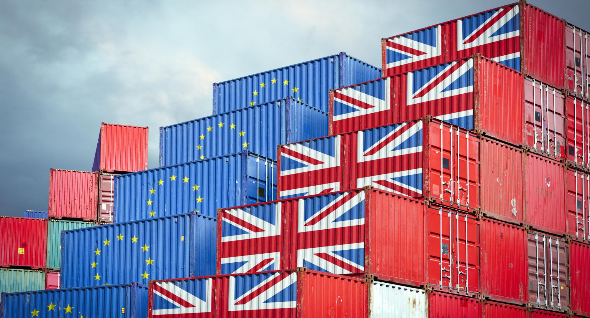 Storage containers representing EU and UK imports and exports.