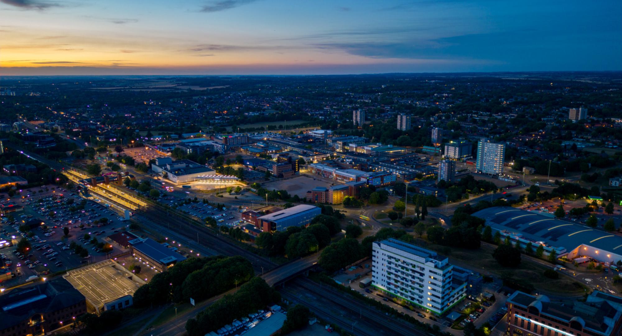 Aerial photo of Stevenage at night