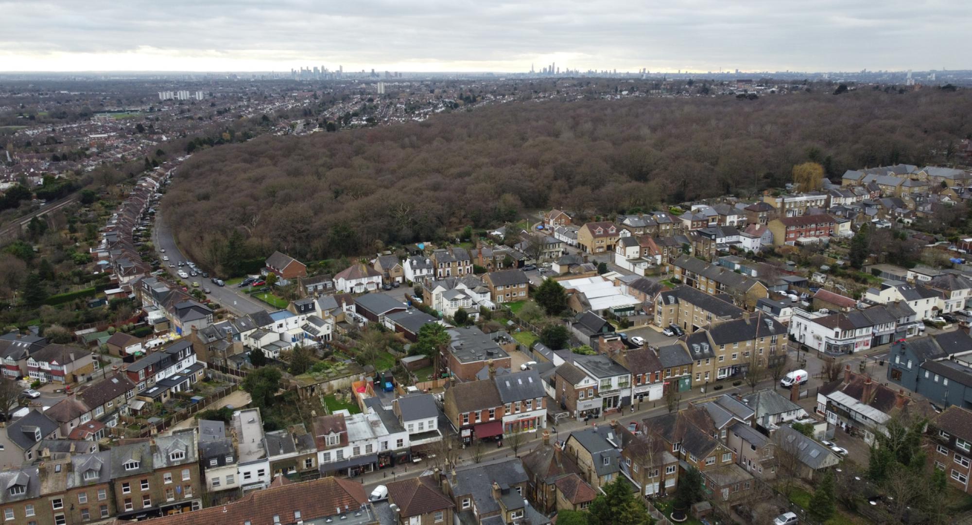 Aerial shot of Redbridge with trees in the background