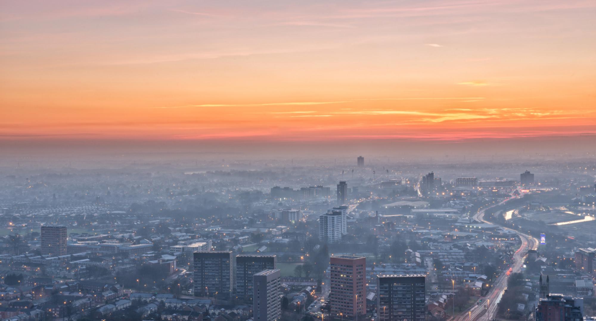 Dusk view of Manchester, looking over towards Salford