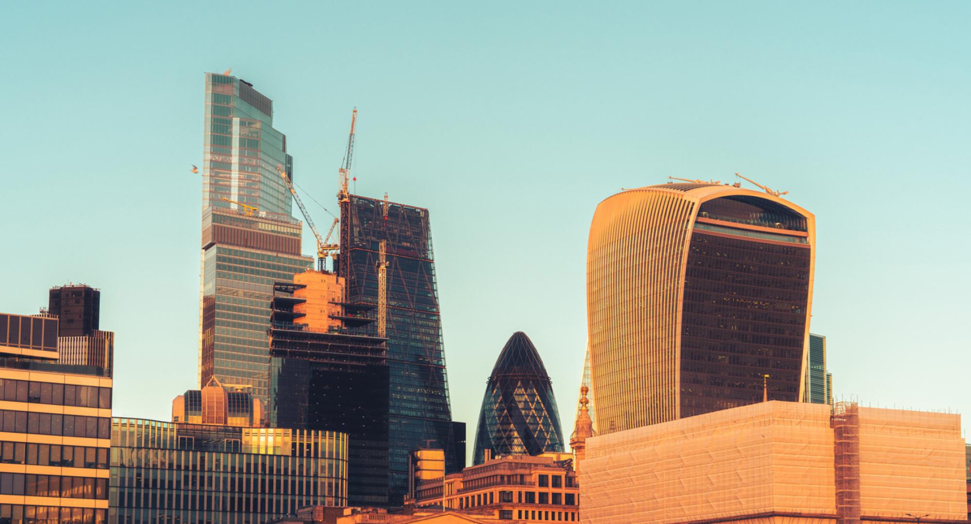 London financial district skyscrapers overlooking River Thames