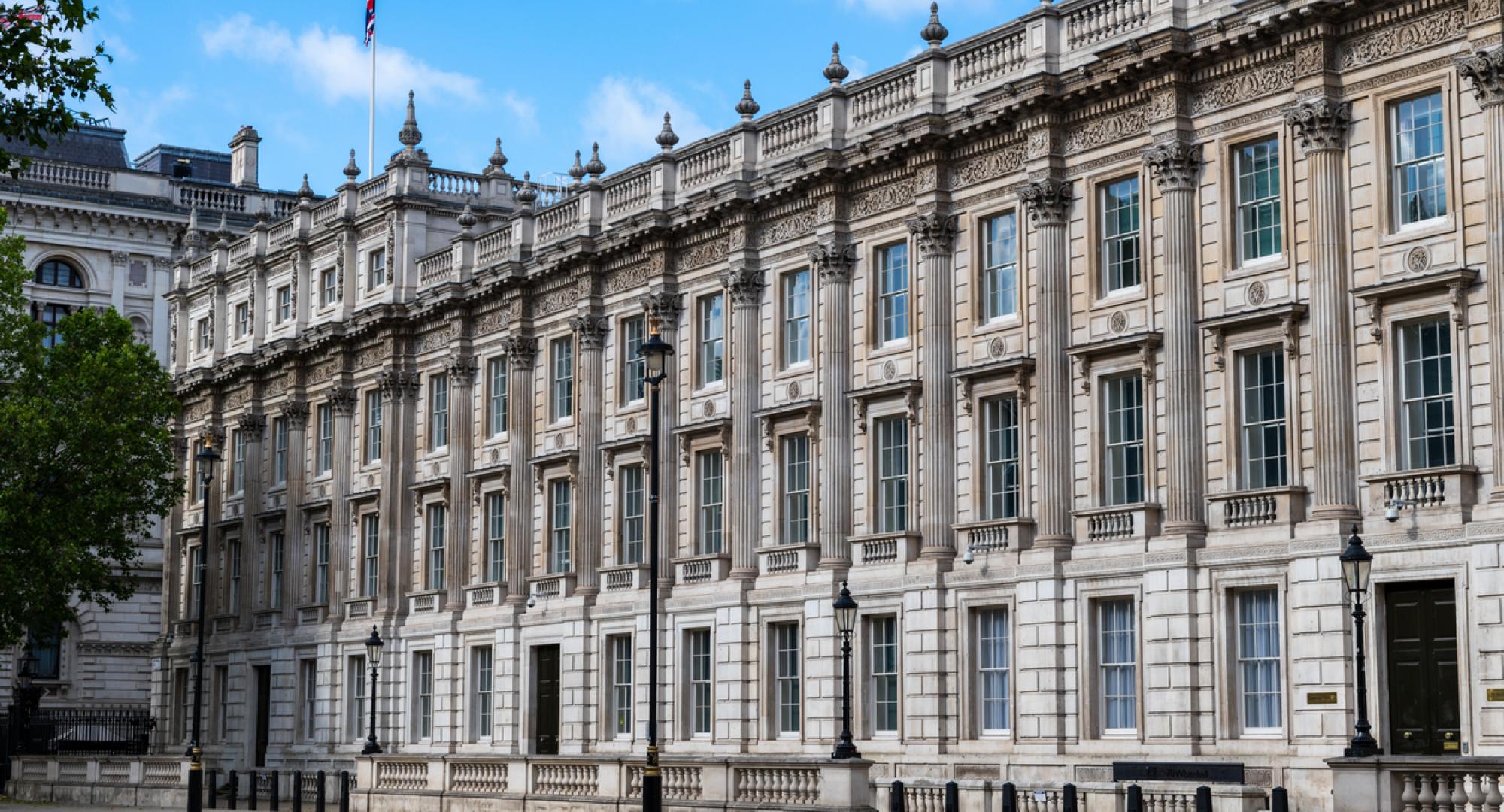 A street view of British government department offices in Whitehall