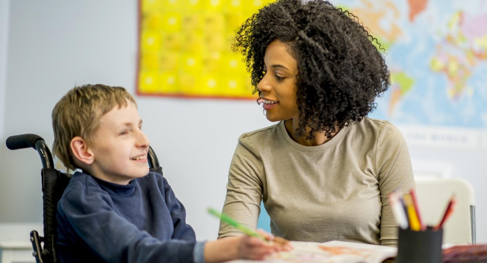 Child in wheelchair at school