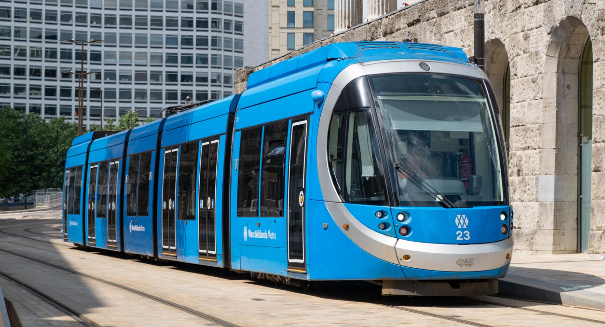 A blue West Midlands Metro tram