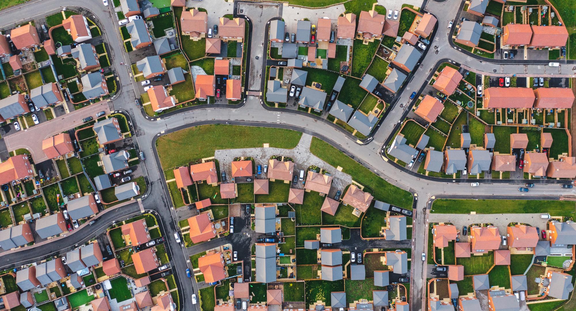 Aerial top down view of houses in England