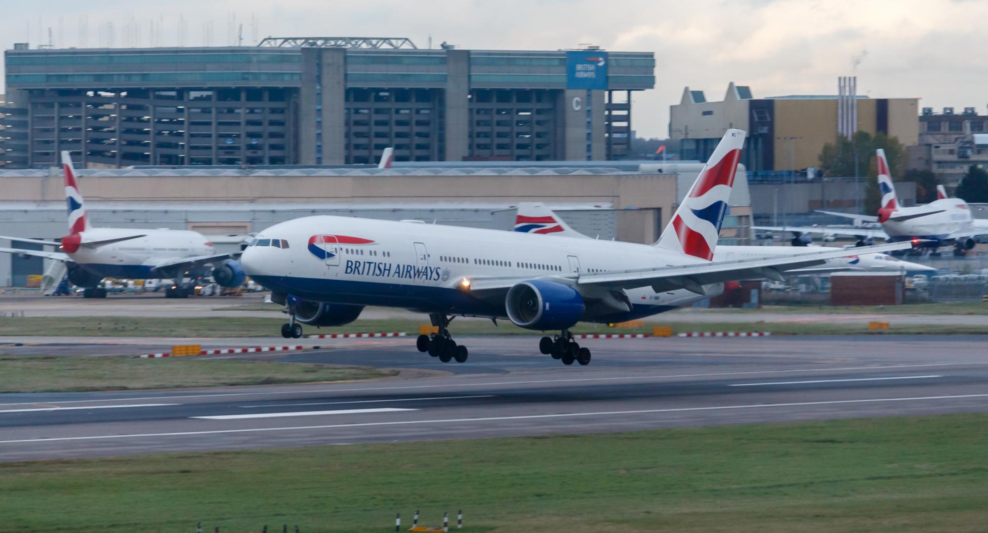 British Airways plane landing at Heathrow Airport