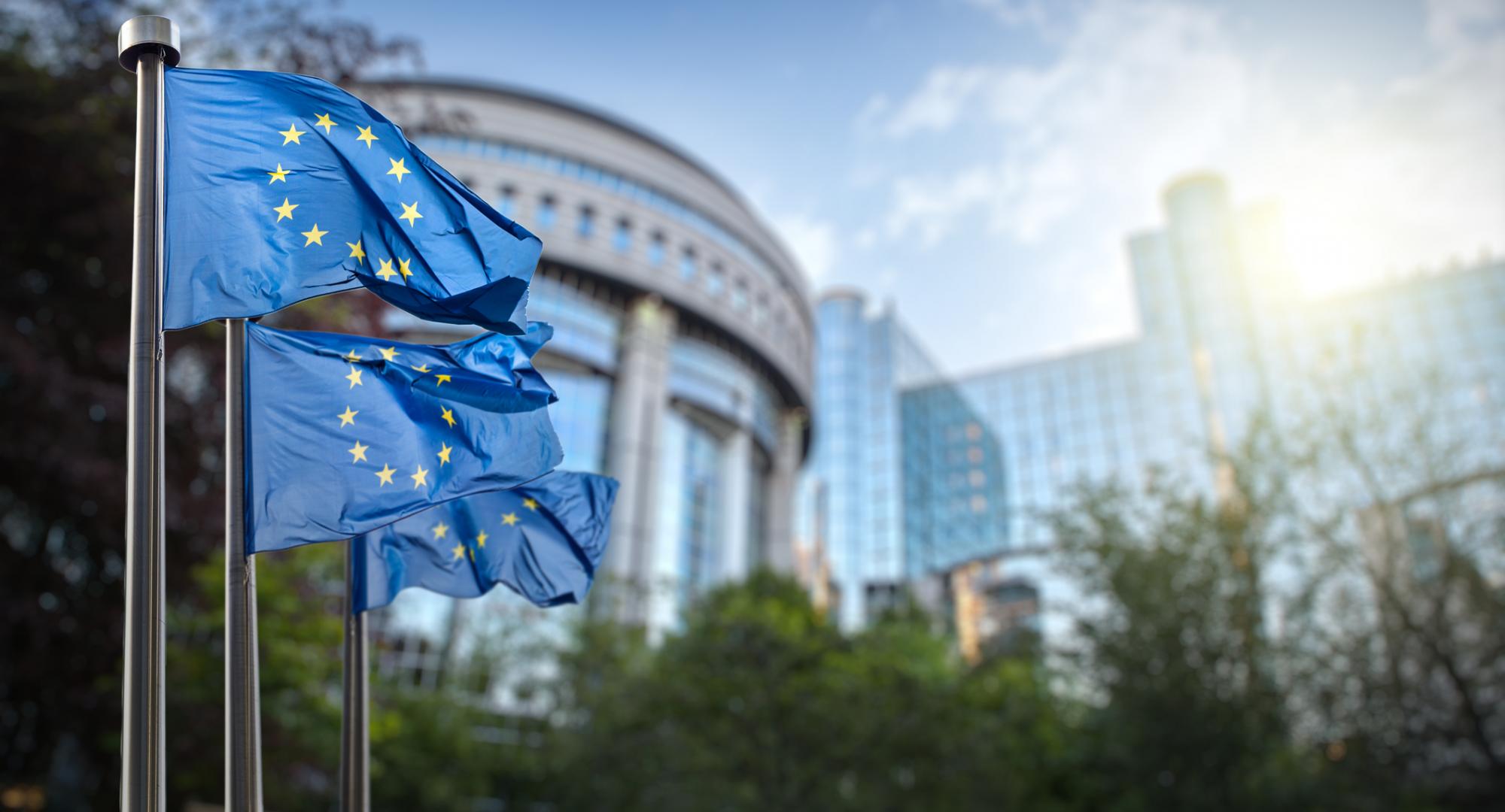 European union flag against parliament in Brussels