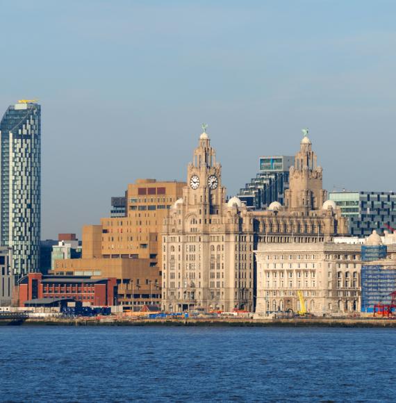 New and old buildings of the Liverpool waterfront at pierhead.