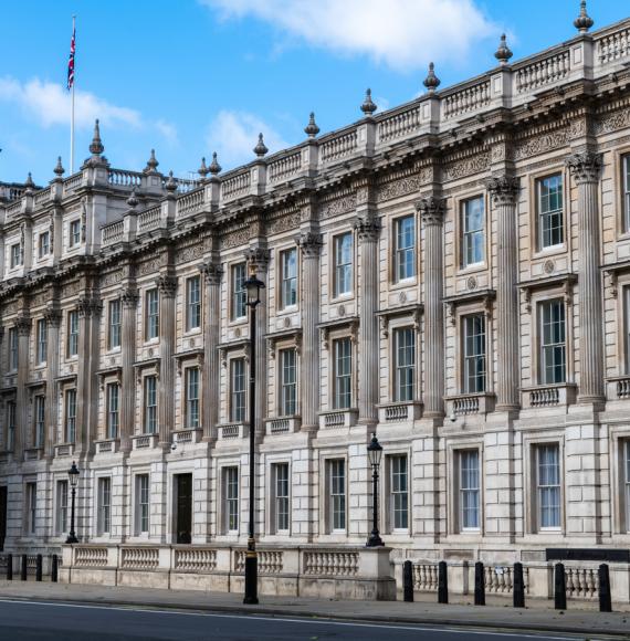 A street view of British government department offices in Whitehall