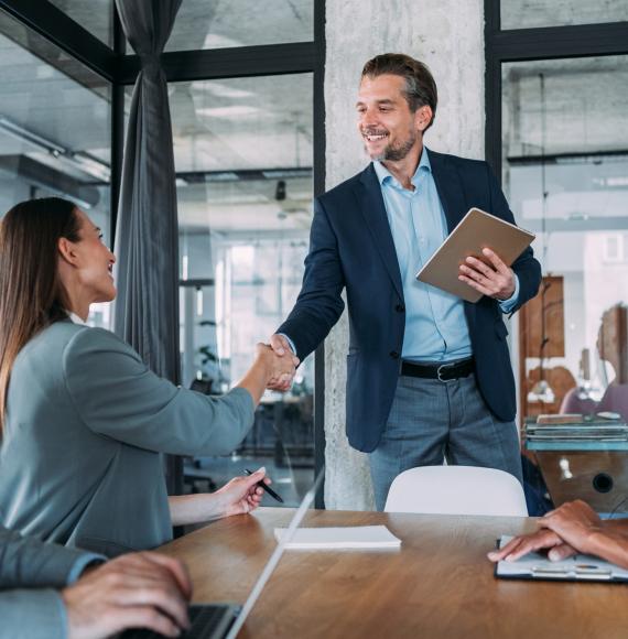 Businesswoman and businessman shaking hands