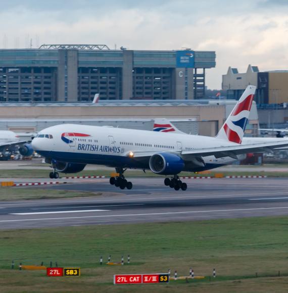 British Airways plane landing at Heathrow Airport